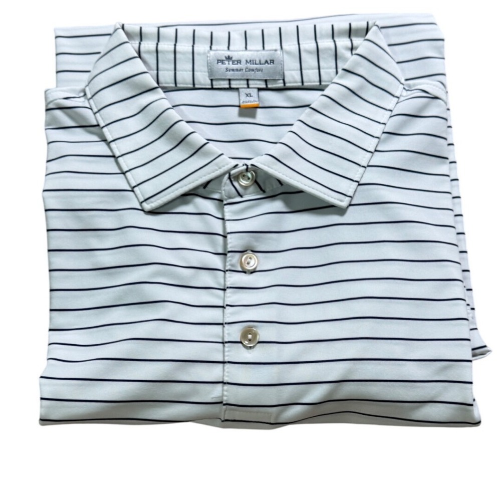 Peter Millar Polo Shirt Mens XL White Blue Striped Good Summer Comfort MS19EK10S